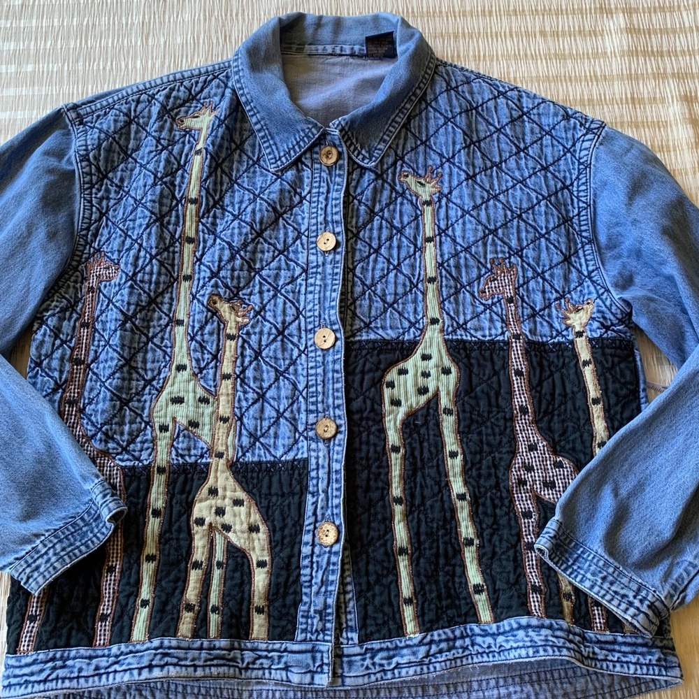 Vintage Giraffe Denim Quilted Jacket Blue Jean Button Up Small